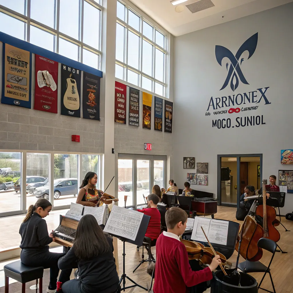 Interior of AERIVONEX Music School with students playing instruments
