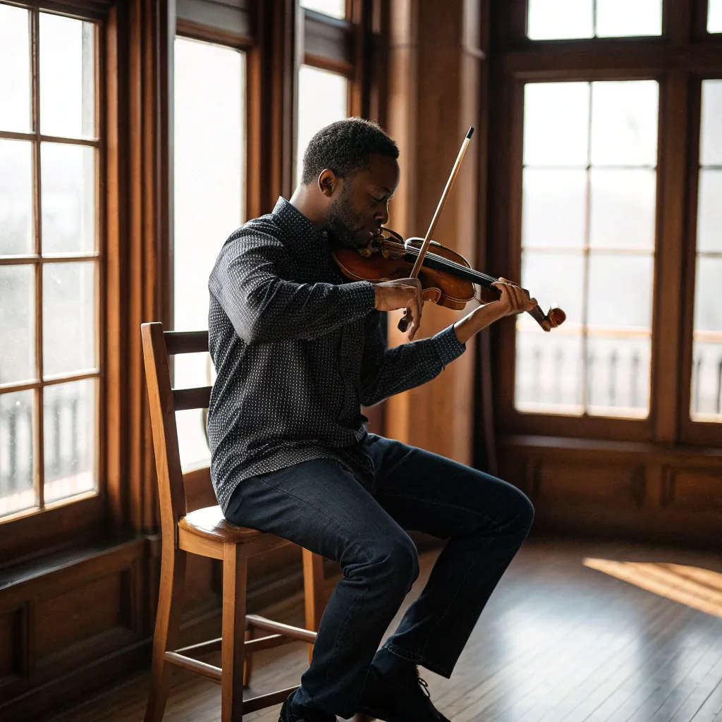 Michael Johnson practicing with his violin